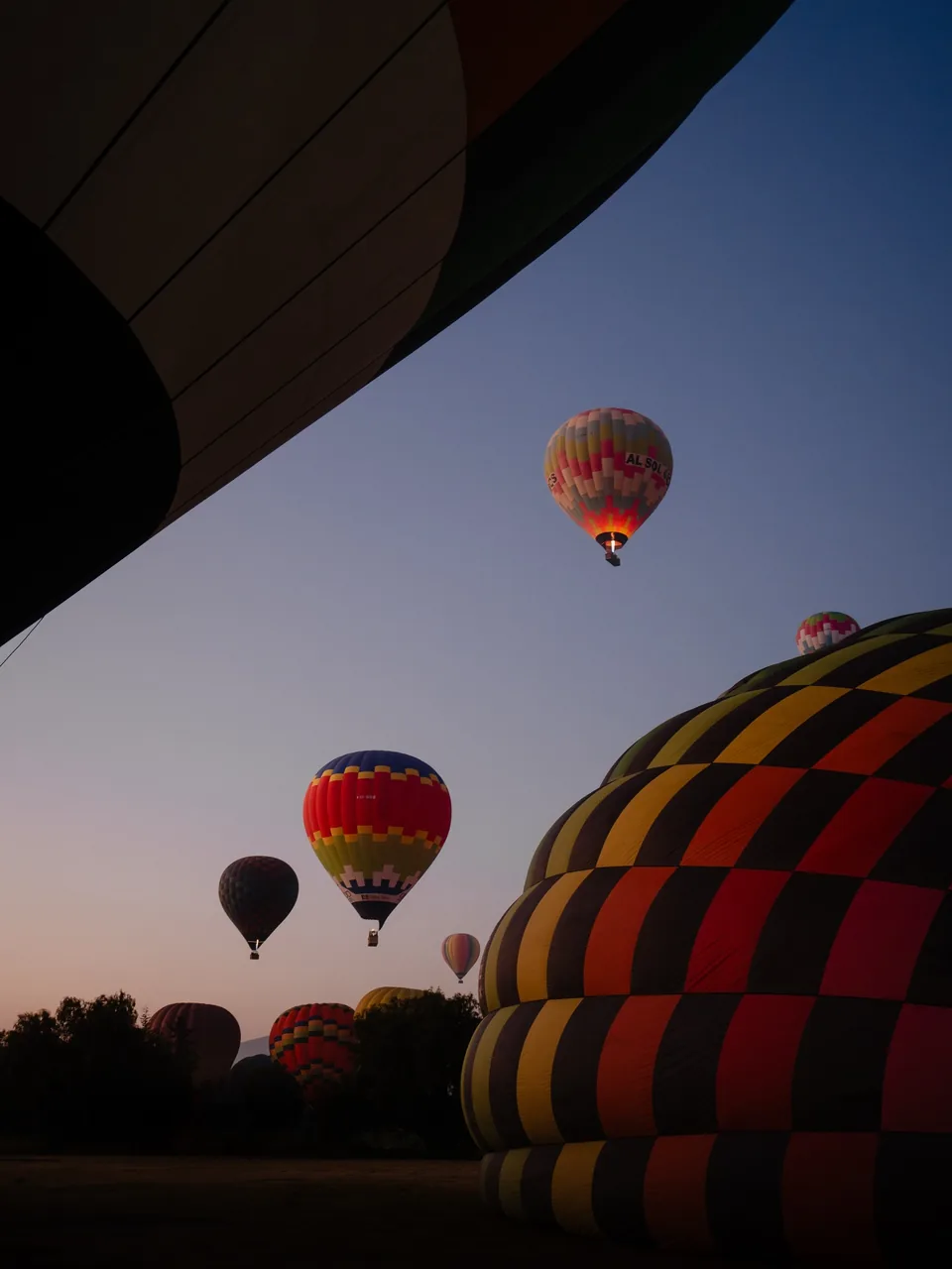 A large balloon being inflated on the field while others already fly at first light