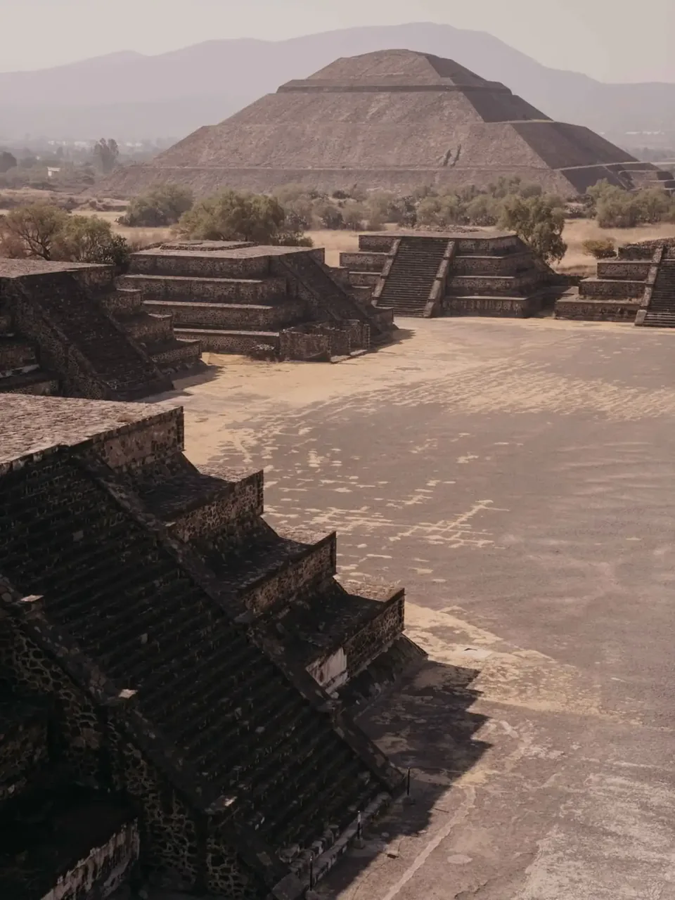 The Pyramid of the Moon and the Avenue of the Dead seen from a balloon at dawn