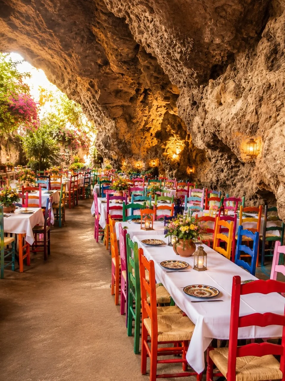 The aisle between set tables and coloured chairs at La Gruta Teotihuacan