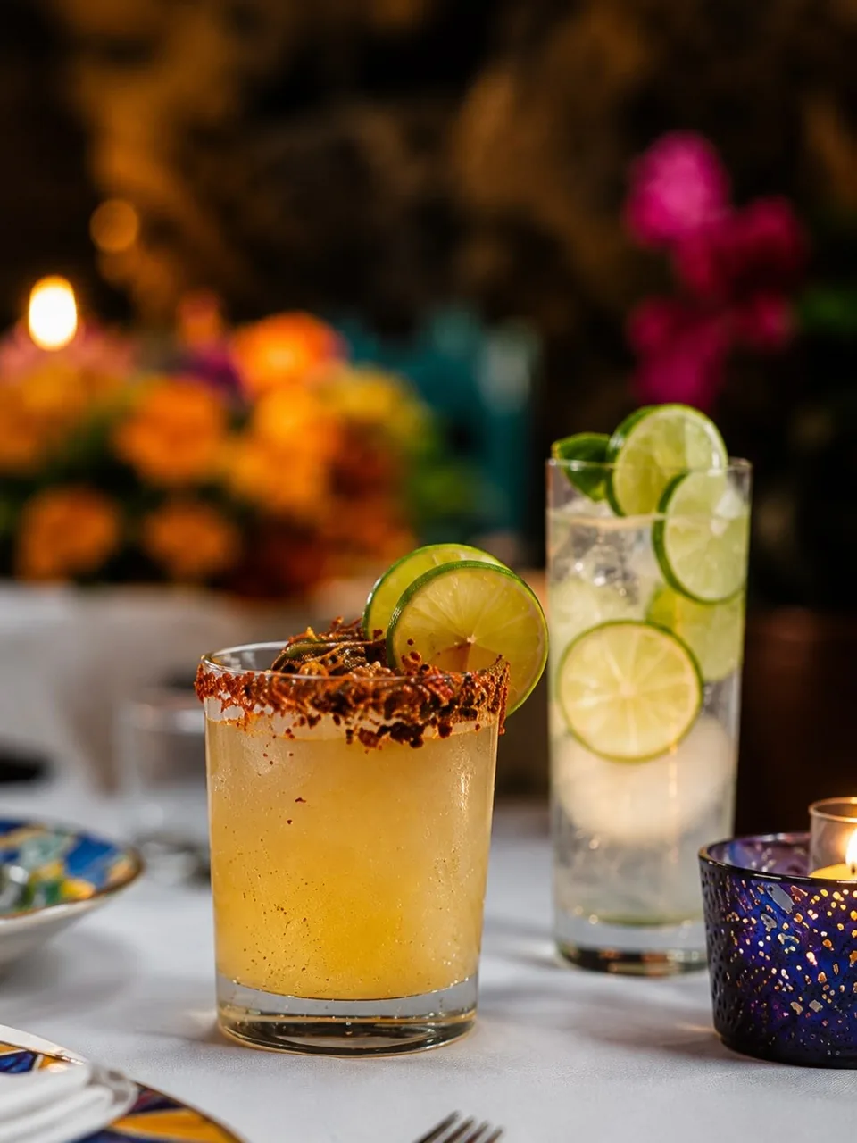 Cocktails and mezcal served on a table at La Gruta Teotihuacan