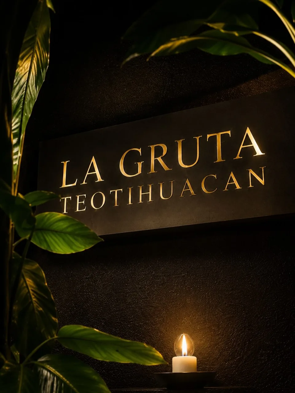 The entrance sign of La Gruta Teotihuacan restaurant, lit by a candle