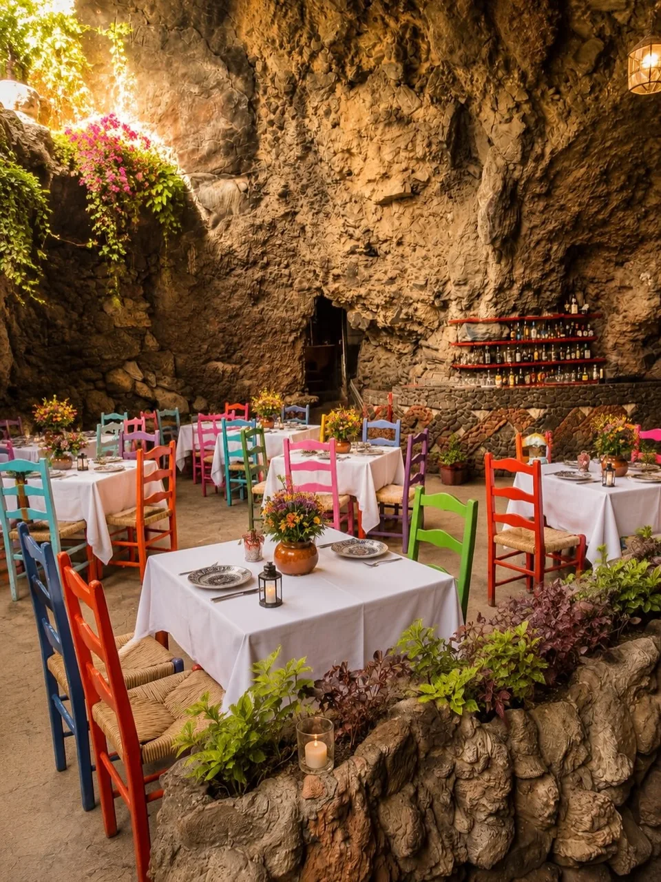 A laid table set against the bare rock wall at La Gruta Teotihuacan