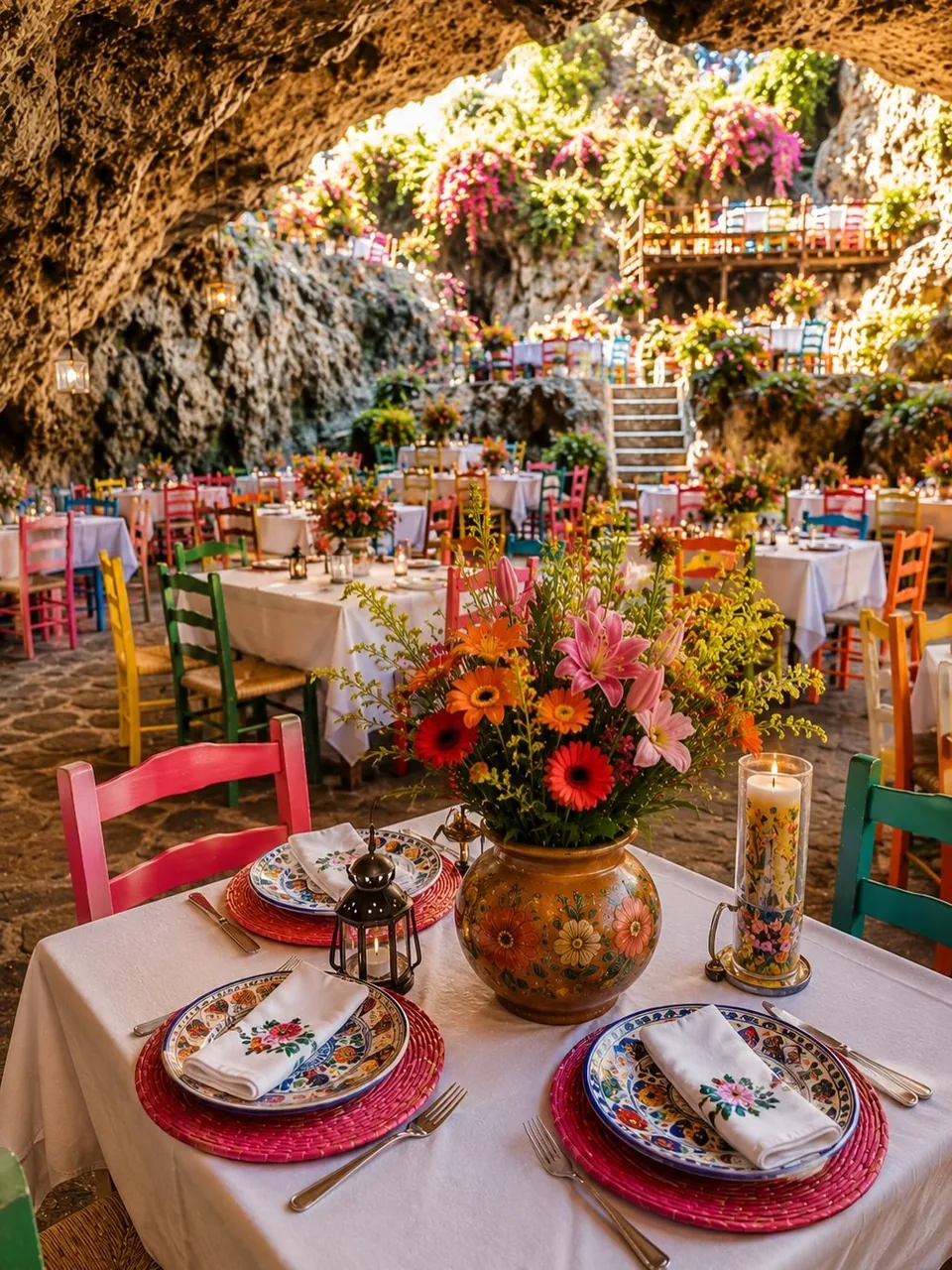 A place setting with talavera dishes and flowers at La Gruta Teotihuacan